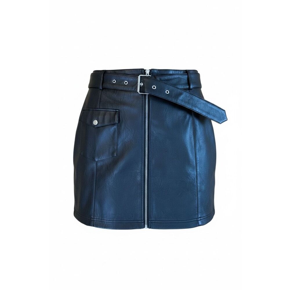 Topshop‎ NWOT Faux Leather Zip Front Belted Moto Biker Mini Skirt Black Size 14